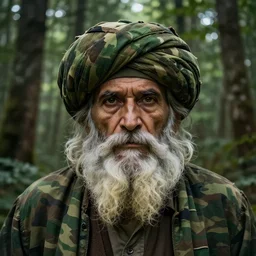stunning forest camouflage art landscape looks like a hidden face of a wise old man in a turban with a long beard dreamy surrealism, masterpiece, golden mean, award winning bev doolittle - n 4