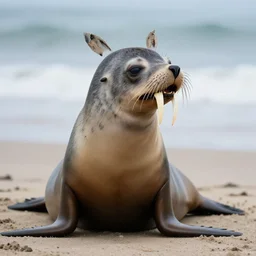 professional photo of a sea lion body and canine wolf muzzle head strange chimera discovered on the beach