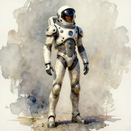 male, full body, wide shot, modern space suit, intriguing helmet, very stylized character design, the expanse tv series, large shoulders, short torso, long thin legs, tiny feet, science fiction, hyperdetailed, technical suit, dieselpunk, watercolor digital painting, in the style of mike mignola, in the style of bruce timm, by alex maleev