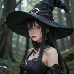 fantasy rogue female, witch hat, forest, anime art
