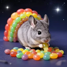 cosmic chinchilla pooping rainbow jellybeans, in space, jellybeans behind chinchilla