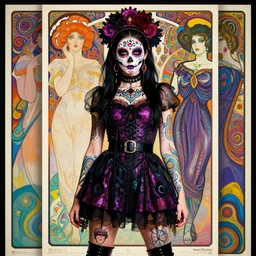 cute punk goth fashion fractal Día de los Muertos tattooed girl posing in goth outfit by by Mario Testino, psychedelic poster art of by Victor Moscoso Rick Griffin Alphonse Mucha Gustav Klimt Ayami Kojima Amano Charlie Bowater, masterpiece