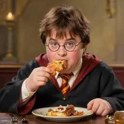 amazing cute detailed photorealistic painting of a fat harry potter eating. hq 4 k
