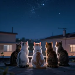 back view of cats on rooftop looking at the stars during night, hyperdetailed, artstation, cgsociety, 8 k