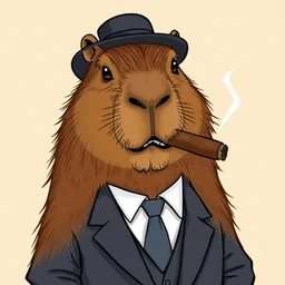 an accurate capybara wearing a business suit and smoking a cigar in his mouth
