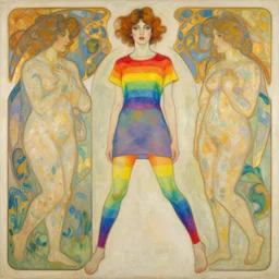 a painting of a woman wearing rainbow leggings and a rainbow tunic by artgerm and greg rutkowski and alphonse mucha rhads