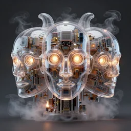 horizontally symmetrical!! 3 d frontal portrait of the robot face made of transparent plastic inside which are vintage electronic components lamp transistors, intricate, elegant, surrounded by smoke and burning. translucent nautilus, highly detailed, by wlop, tooth wu, greg rutkowski, alena aenami