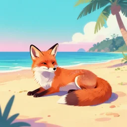 fox chilling on the beach, photo, vaporwave, artstation