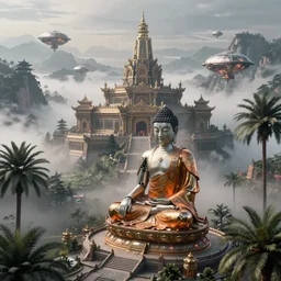 cinematic establishing shot, high detail digital painting a detailed buddhist temple on a misty mountain, a single sitting cyborg buddha with an intricated metallic orange robe, sci fi high detailed valley with palm trees, high camera angle, mystic atmosphere, a detailed metallic temple on a misty mountain, shiny metallic airships with reflections, volumetric fog, perspective painting, atmospheric shot, octane renderer