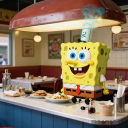 spongebob working at an italian restaurant in phillidelphia, 5 5 mm restaurant photography by