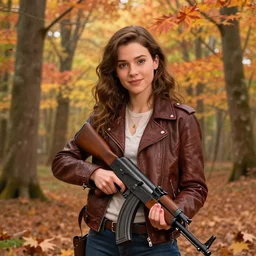 stunning!!! disney - like!!! young adult woman in a leather jacket in a maple forest holding an ak 4 7, disney, pixar movie still, high detail, natural light, ray tracing, trending on artstation, 4 k, ultra hd, blu ray