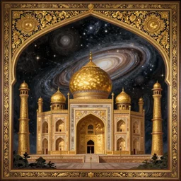 a mughal painting of cosmo, universe, golden details