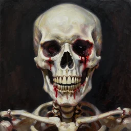 skeleton with blood coming out of its eyes, horror art, oil painting