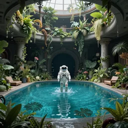 minimalistic, hyperrealistic surrealism, award winning masterpiece with incredible details, epic stunning, infinity pool, an astronaut alone inside an empty dark flooded ballroom overgrown with aquatic plants, highly detailed, trending on ArtStation, artgerm and greg rutkowski and alphonse mucha, daily deviation, IAMAG
