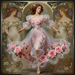 beautiful woman dressed in a vaporous wrapped large victorian pink roses silk semi-transparent dress fashion is running, D&D, fantasy, intricate, elegant, highly detailed, digital painting, artstation, concept art, matte, sharp focus, illustration, art by Artgerm and Greg Rutkowski and Alphonse Mucha, trending on artstation