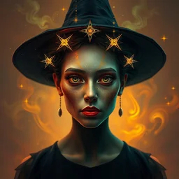 cubist 3 d octane render unreal engine of portrait painting of witch stars ethereal flames phantom shapes