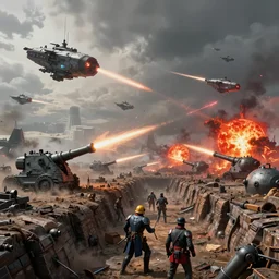battle of waterloo, gray aliens, infinity gauntlet, nuclear bombs, red sun, giao nguyen, trending on artstation, war, battles, battlefield, volumetric lighting, 8 k post - processing, hyperrealistic, aged, vivid matte colors, warzone, futuristic ships flying, cannons shooting at the sky, trenches, cloudy