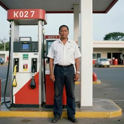A Kenyan-Filipino gas station worker in 3027, portrait, Taschen, by Annie Liebovitz, Robert Mapplethorpe, Hedi Slimane