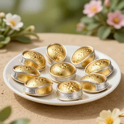 8 5 mm food photography of a plate full of every single food made of gold with silver linings near a garden with sand with dof and bokeh and flowers o