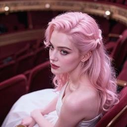 cinestill 5 0 d portrait aerial view of a beautiful dreamy woman by annie liebovitz, sitting on a chair of a theater environment, detailed ambient, pale pink tonal glossy, hair intricate style, wearing white dress, elegant, highly detailed, soft blur, artstation, sharp focus, head in focus,