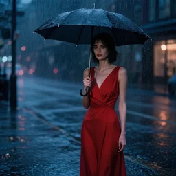 red dress girl, in the style of hopper, rain, night, film noir, work a element of future dreamwave, cyberpunk