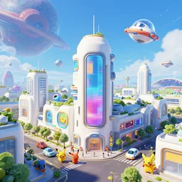 a future urban city, white buildings + colorful decorative + led billboards + brand logo, cute future vehicles, cute spacecraft flying in the air, cute pokemon walking on the street, cute scene, huge universe, alien planet in the sky faraway, sports center faraway, dokev, ratchet & clank, overwatch, splatoon 3, big hero 6, zootopia,