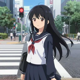 a beautiful anime girl with black long hair wearing japanese uniform high school waiting for crosswalk under the red light, tokyo city background, makoto shinkai style, anime style digital art, 8 k
