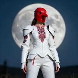 female adventurer in tight full - body white leather armor of ukrainian vyshyvanka design with red accents and a red porcelain crow mask, trending in artstation, ukrainian, by simon stalenhag, big moon in the background, establishing shot