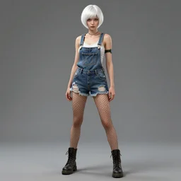 full body pose, beautiful androgynous girl, white pixie cut hair, torn overalls, short shorts, combat boots, fishnets, beautiful, highly detailed face, true anatomy!, extremely detailed!, digital painting, unreal engine 5, art by tom bagshaw