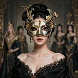a full body portrait of a female model with a mask, elegant, fancy dess, ornaments, highly detailed, beautiful, cinematic lighting, photorealistic, mesmerizing, 8 k hd, artstation, by hideyuki morioka, ito ogure, vofan, greg rutkowski, victo ngai, artgerm