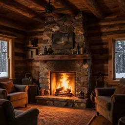 cozy interior of a hunting cabin, fireplace, ascher clemens, home, interior, octane render, deviantart, greg rutkowski, cinematic, key art, hyperrealism, canon eos c 3 0 0, ƒ 1. 8, 3 5 mm, 8 k, medium - format print
