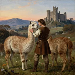 beautiful pre - raphaelite painting of a man in medieval clothing embracing a llama at dawn with a castle in the distance.