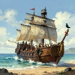 a pirate ship viewed from the beach, fantasy art, greg rutkowski and thomas kinkade