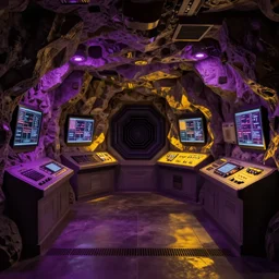 geometric, cave like control panel room with led computer interfaces on every surface. purple and yellow color scheme, dark lighting, high contrast, octane render, ray tracing, 4 k, high quality desktop wallpaper