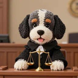 a closeup photorealistic illustration of a knitted bernedoodle judge puppy dressed in a black gown and speaking from the courthouse bench. scales of justice. this 4 k hd image is trending on artstation, featured on behance, well - rendered, extra crisp, features intricate detail, epic composition and the style of unreal engine.