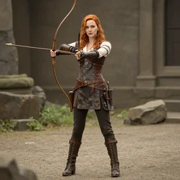 full body photo of christina hendricks as a steampunk archer,