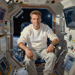 Rick Astley sitting in a space station, oil painting