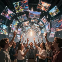 mood lighting, cinematic epic, groups of happy people, many vortexes of overlapping translucent gigantic screens projecting beautiful random hd large images, floating translucent graphics, dripping light drops, hands touching light drops, supercomputers transforming text to images, perfect lighting pixel sorting