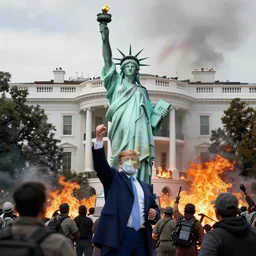 trump beating up statue of liberty as whitehouse burns, people riot by kim jung gi