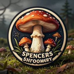 Spencers Shroomery logo. Mushroom theme, dutch bros style, by Aaron Draplin