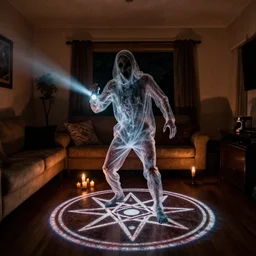 transparent horror spirit attacks in living room with summoning circle pentacle candle lights out interior photos shot on iphone, dynamic pose, full body shot, sharp focus, grainy, corpse, paranormal flashlight, deep night,,