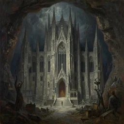 massive subterranean gothic citadel by Les Edwards and Delphin Enjolras, oil on canvas, dramatic scenery