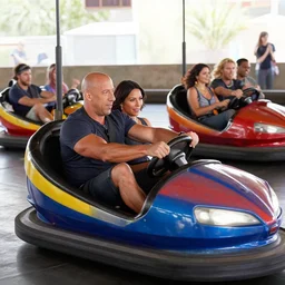 Vin Diesel, Michelle Rodriguez, Jordana Brewster and the rest of the cast of the fast and the furious movies riding bumper cars, Photorealistic, Shot I’m the style of Annie Leibovitz