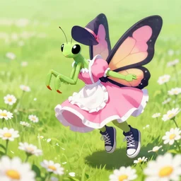 female butterfly pokemon with black eyes and antennae like a mantis wearing a floe pink maid dress floating over a field of daisies wearing converse skater shoes and a witch hat, digital illustration by pusty xox artstation