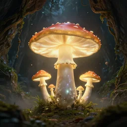 a beautiful and stunning professional digital artwork of a glowing mushroom cave, haze, spores floating in the air, vines, night, volumetric lighting, hyperrealistic, rtx on, ultra detail