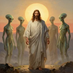 Jesus versus Aliens, lit by the light of gods, sunrise, hyper detailed, artstation, cgsociety by greg rutkowski and by Gustave Dore