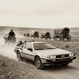 a monochromatic sepia photograph of a delorean time machine traveling with covered wagons and pioneers on the oregon trail, trending on art station,
