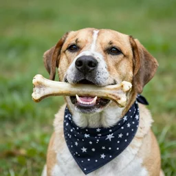 dog with a bone in its mouth and a bandana around its neck