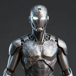 the full head and body of a metallic man with emissive round ocular eyes and a radiator like mouth, with corrugated limbs and plated armoring across their entire body