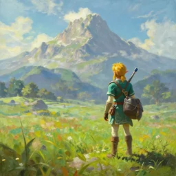 oil painting breath of the wild landscape, mountain in the background. beautiful, rpg, dnd, artstation, artgerm, disney, pixar